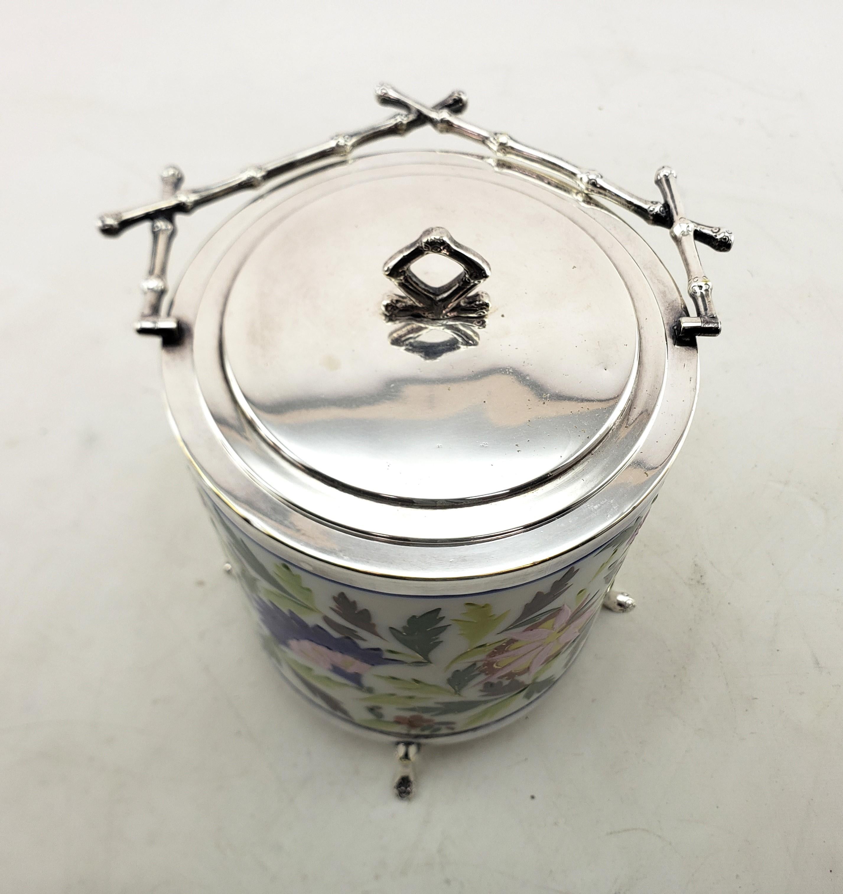  Silver Plated & Ceramic Biscuit Barrel with Floral Decoration & Twig Handle In Good Condition For Sale In Hamilton, Ontario