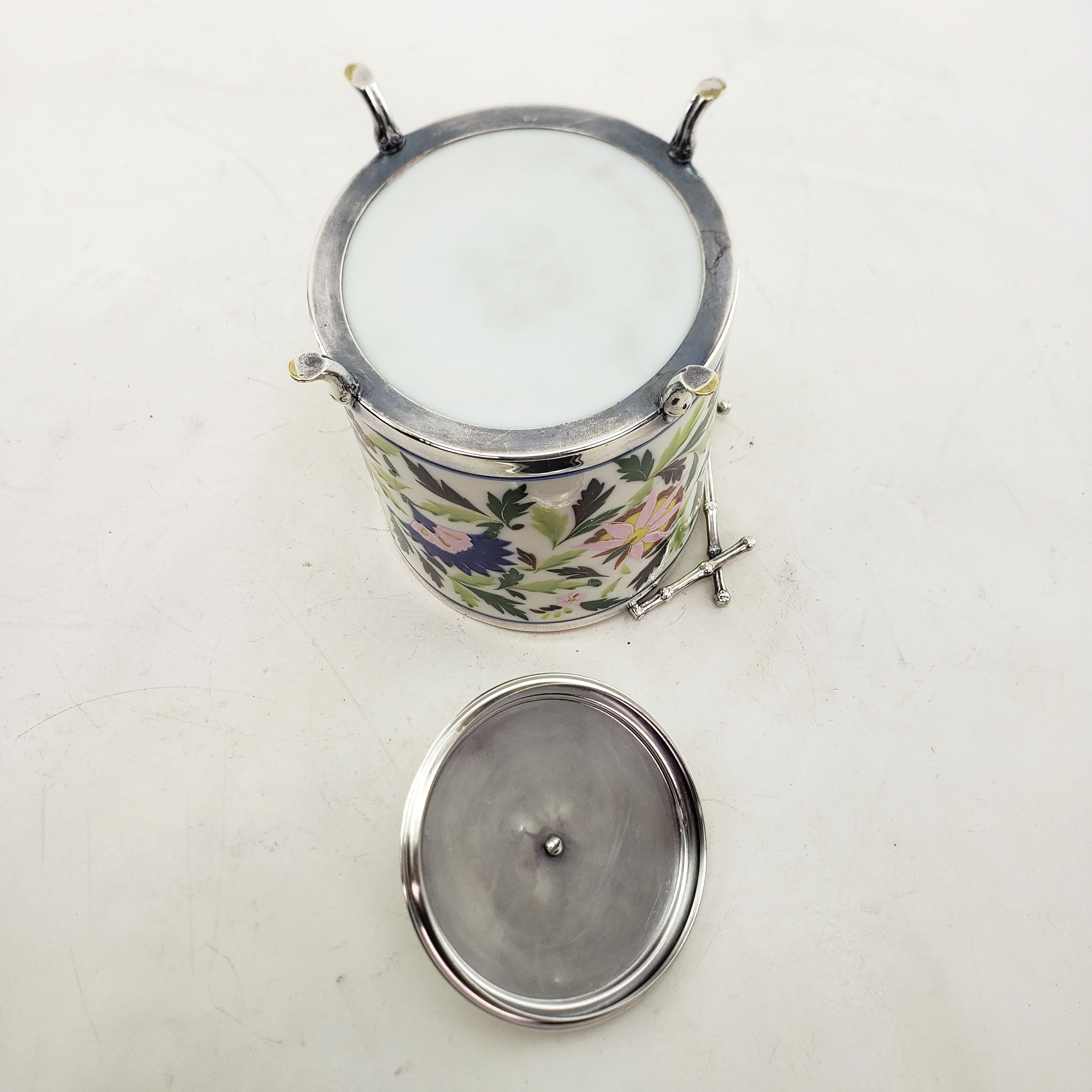  Silver Plated & Ceramic Biscuit Barrel with Floral Decoration & Twig Handle For Sale 1