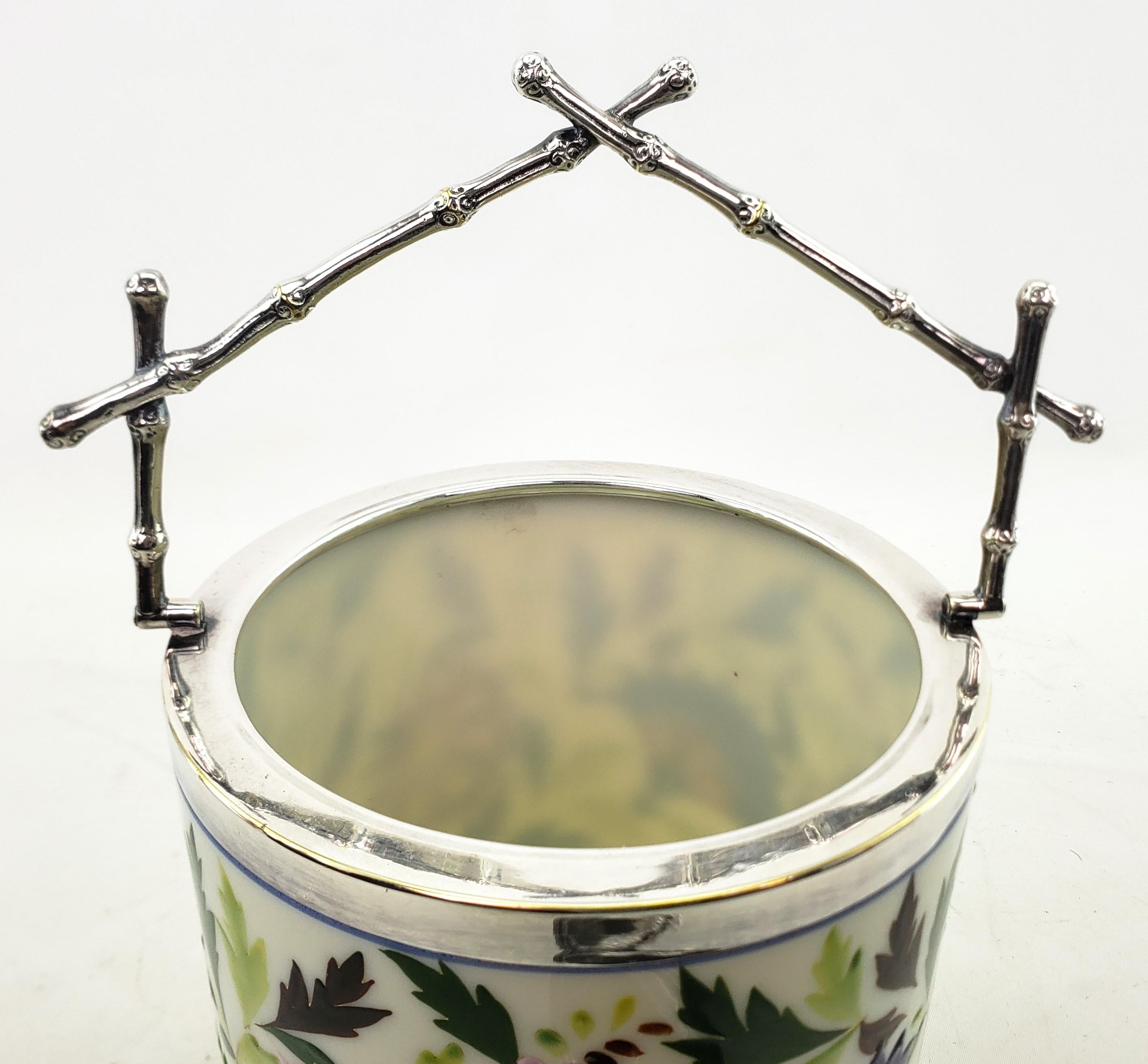  Silver Plated & Ceramic Biscuit Barrel with Floral Decoration & Twig Handle For Sale 2