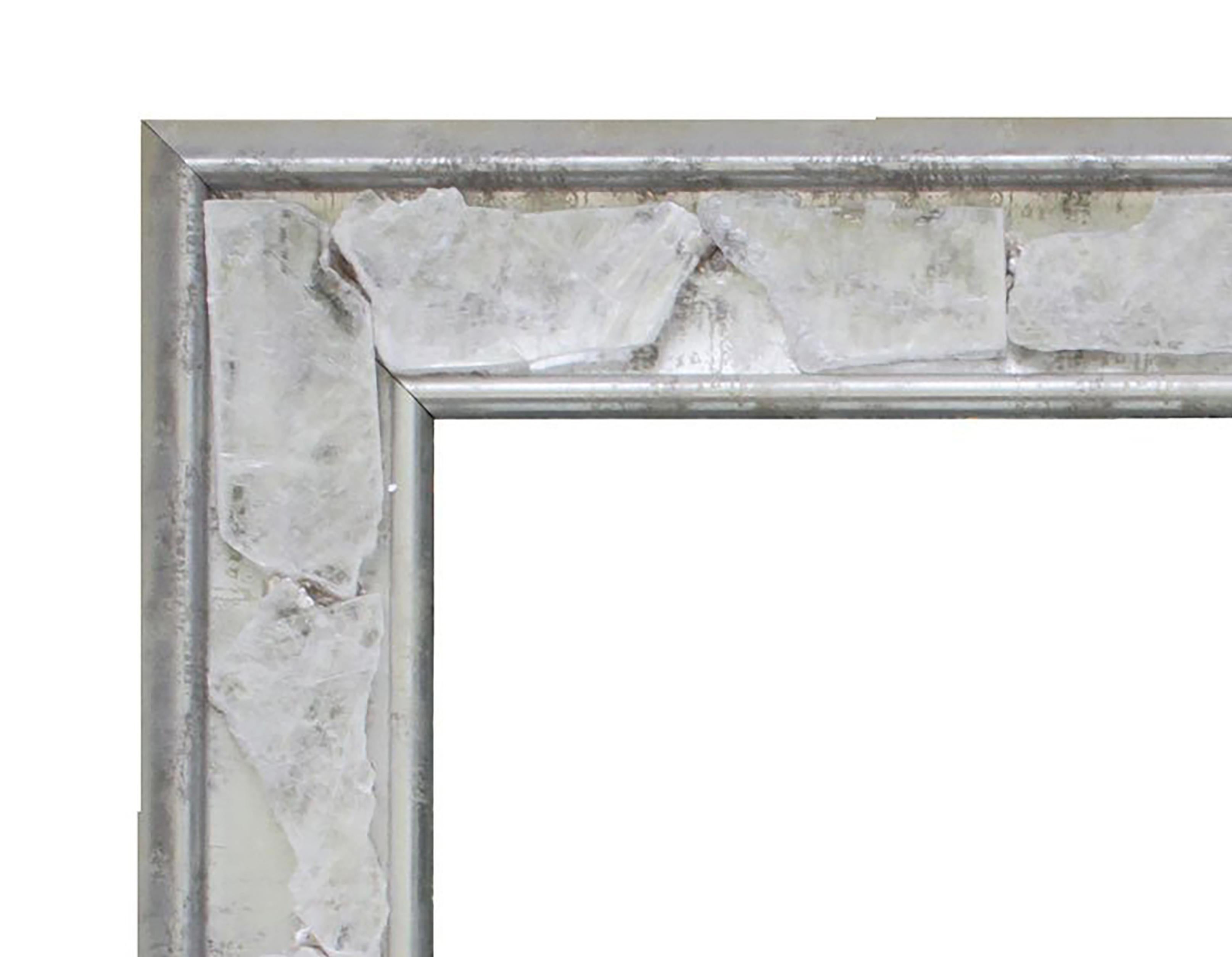 Organic Modern Silver Patina Wall Mirror Decorated with Calcite Slices