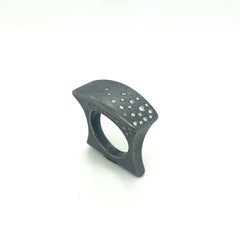 Hand Forged Silver Patina White Diamond Flared Ring, Size 6.5