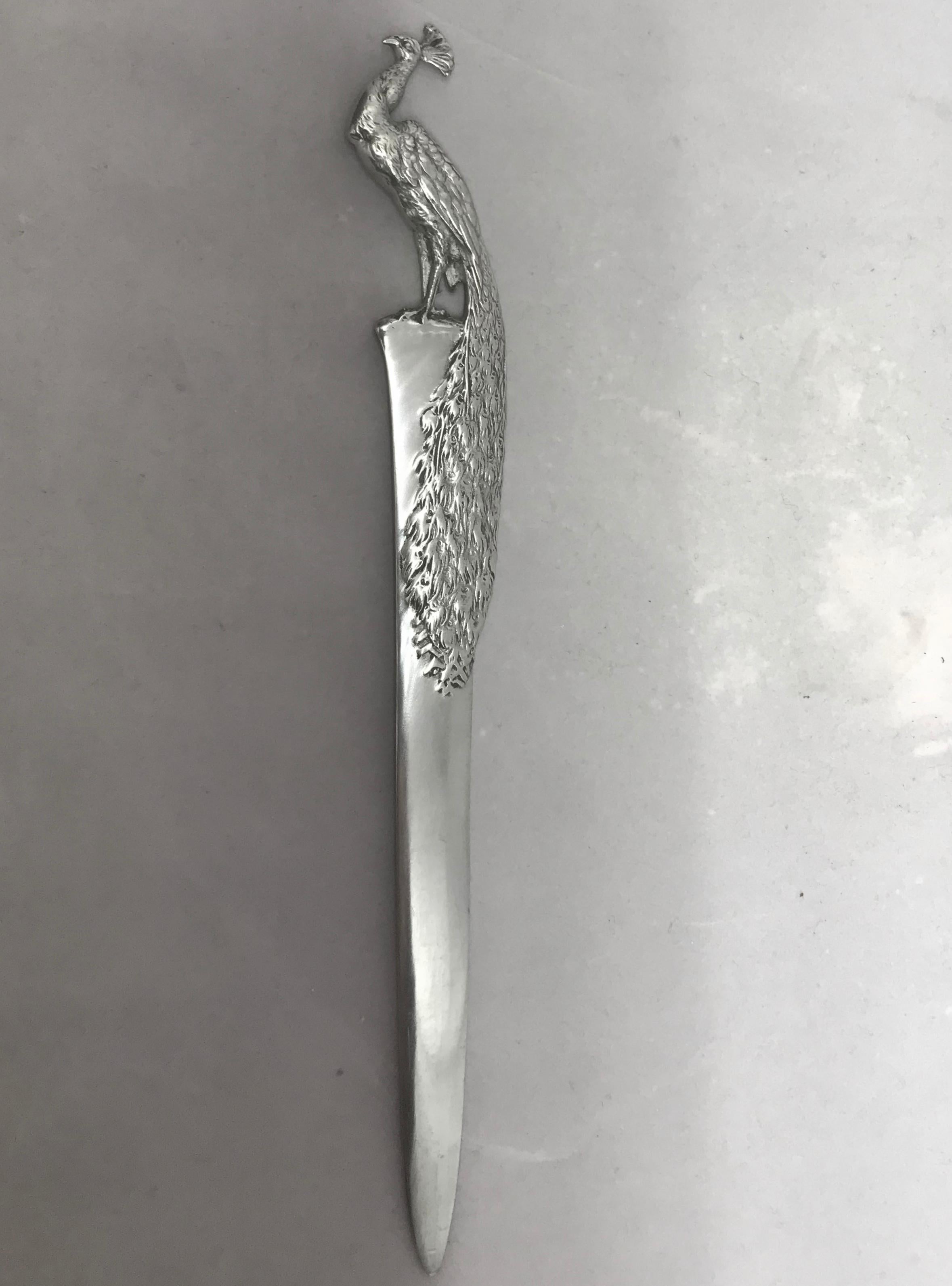Mid-20th Century Silver Peacock Letter Opener