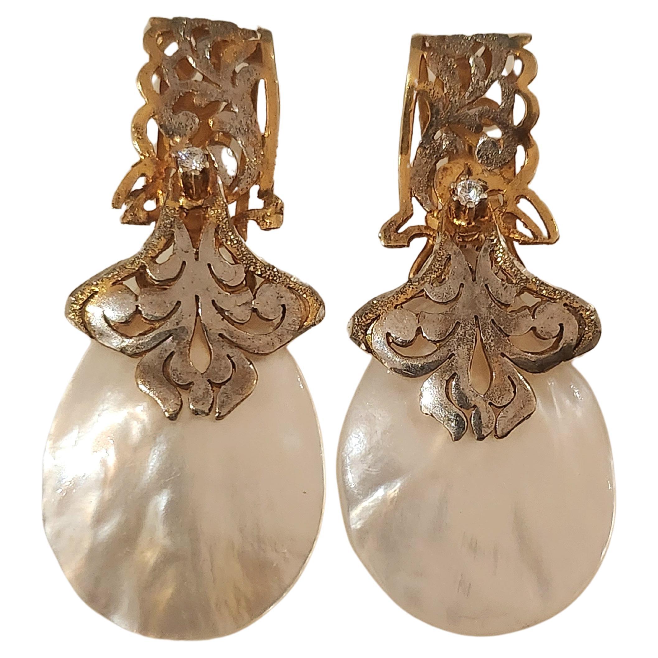 Silver large hand made earrings with 750k gold plated with 2 natural mother of pearls in open work style in 2 tone silver color white and yellow