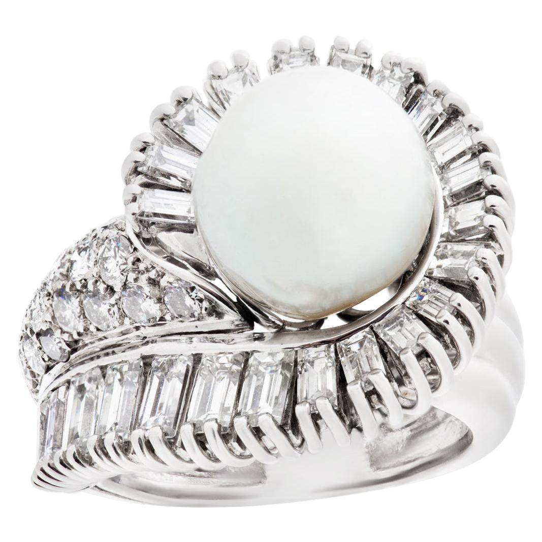 Silver Pearl Ring Set in Platinum, 2.00 Carat in Round and Baguette Diamonds For Sale