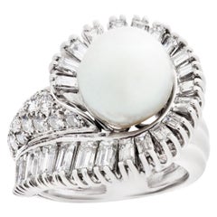 Silver Pearl Ring Set in Platinum, 2.00 Carat in Round and Baguette Diamonds