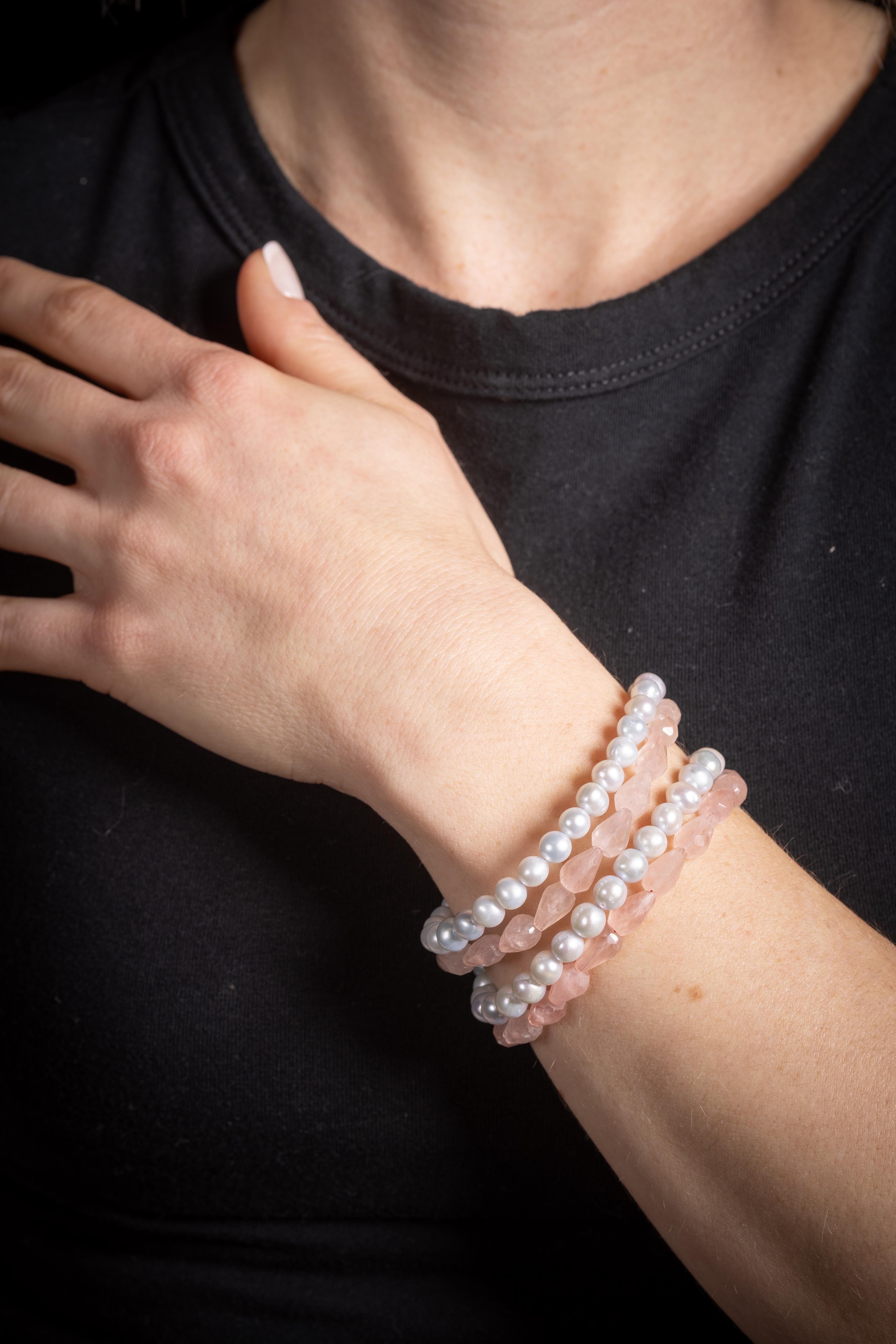 da uomo o donna Bracciale di perle d'argento e quarzo rosa con perline in vendita