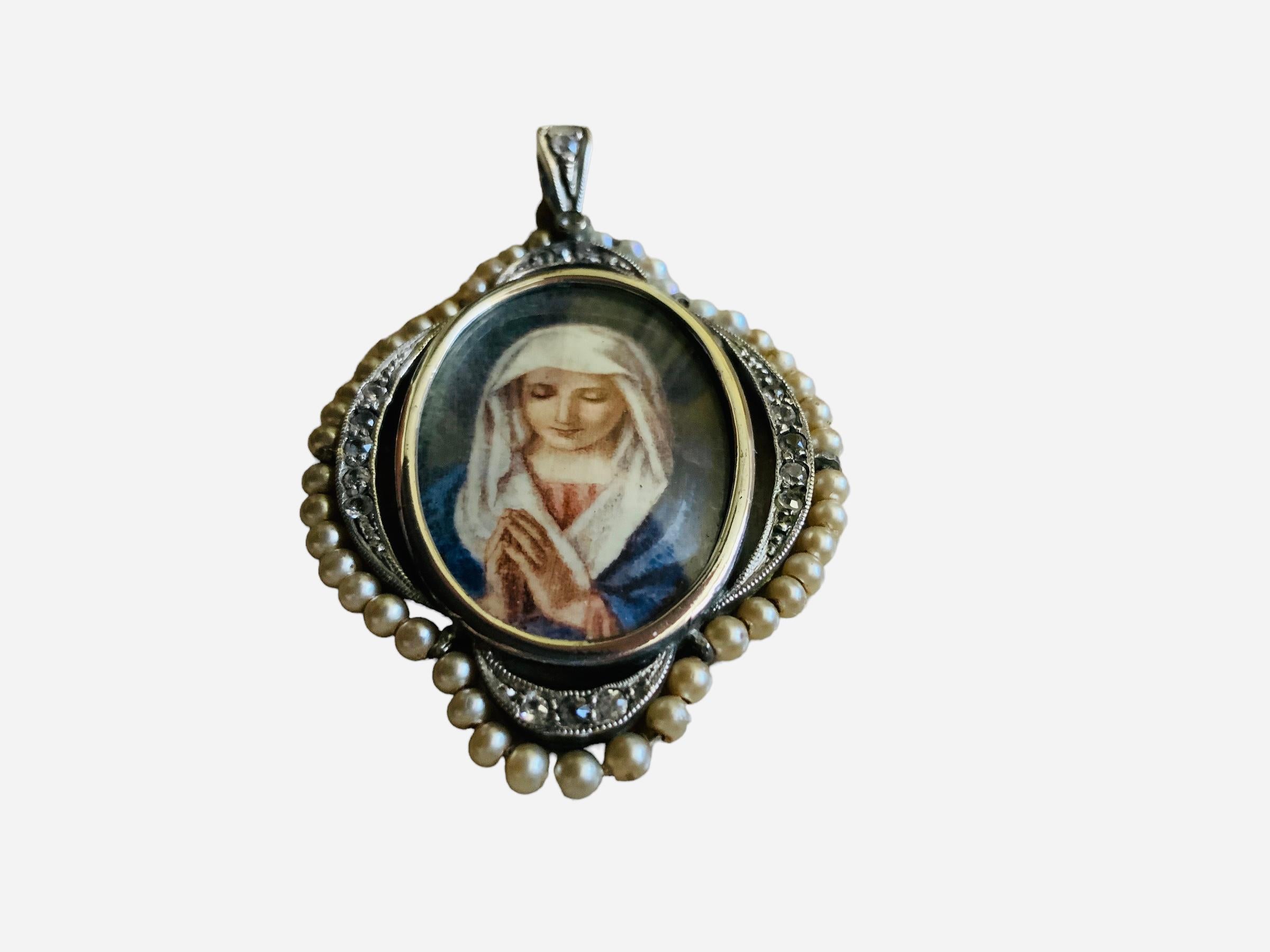 Edwardian Silver Pearls Clear Stones Hand Painted Virgin Mary Pendant For Sale