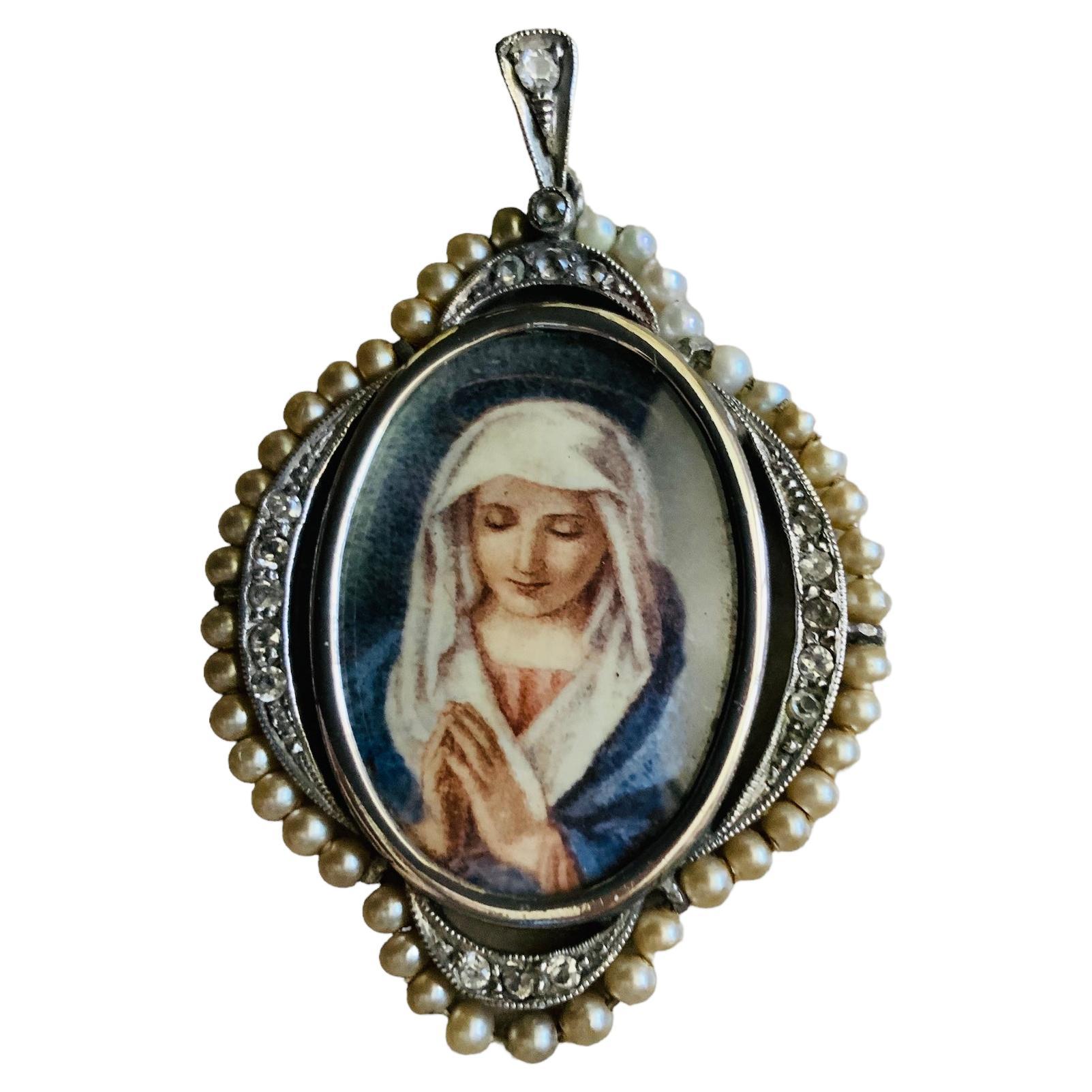 Silver Pearls Clear Stones Hand Painted Virgin Mary Pendant For Sale