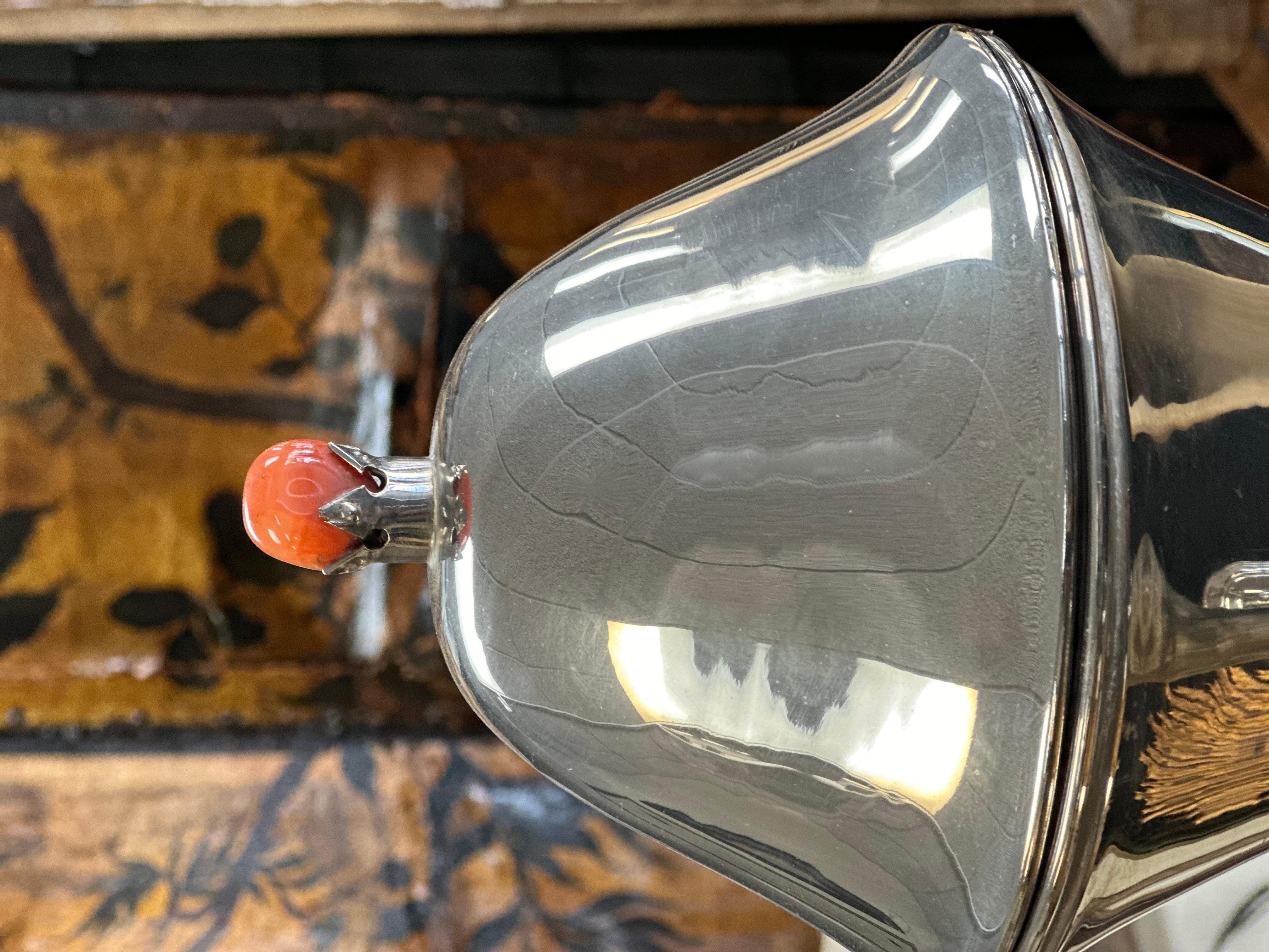 Horn Vase with coral colored stone on the lid. From the late 19th Century and is in great condition. Patina is beautiful. Rich gray and taupe horn set on a silver pedestal. 