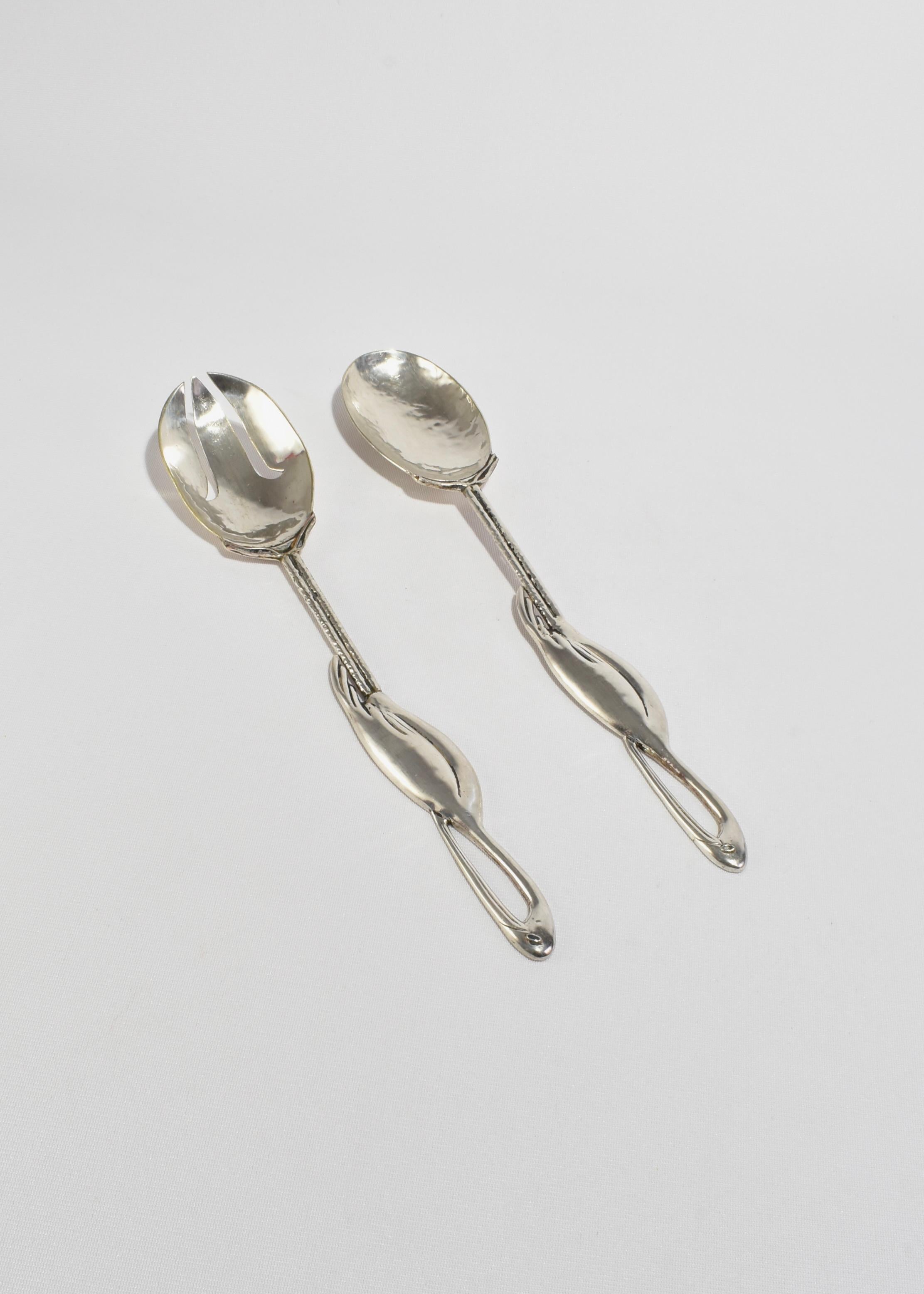Rare, modernist silver plate pelican serving set by Taxco artisan, Mimi Castillo. Stamped on the backside, Mimi Castillo Taxco.