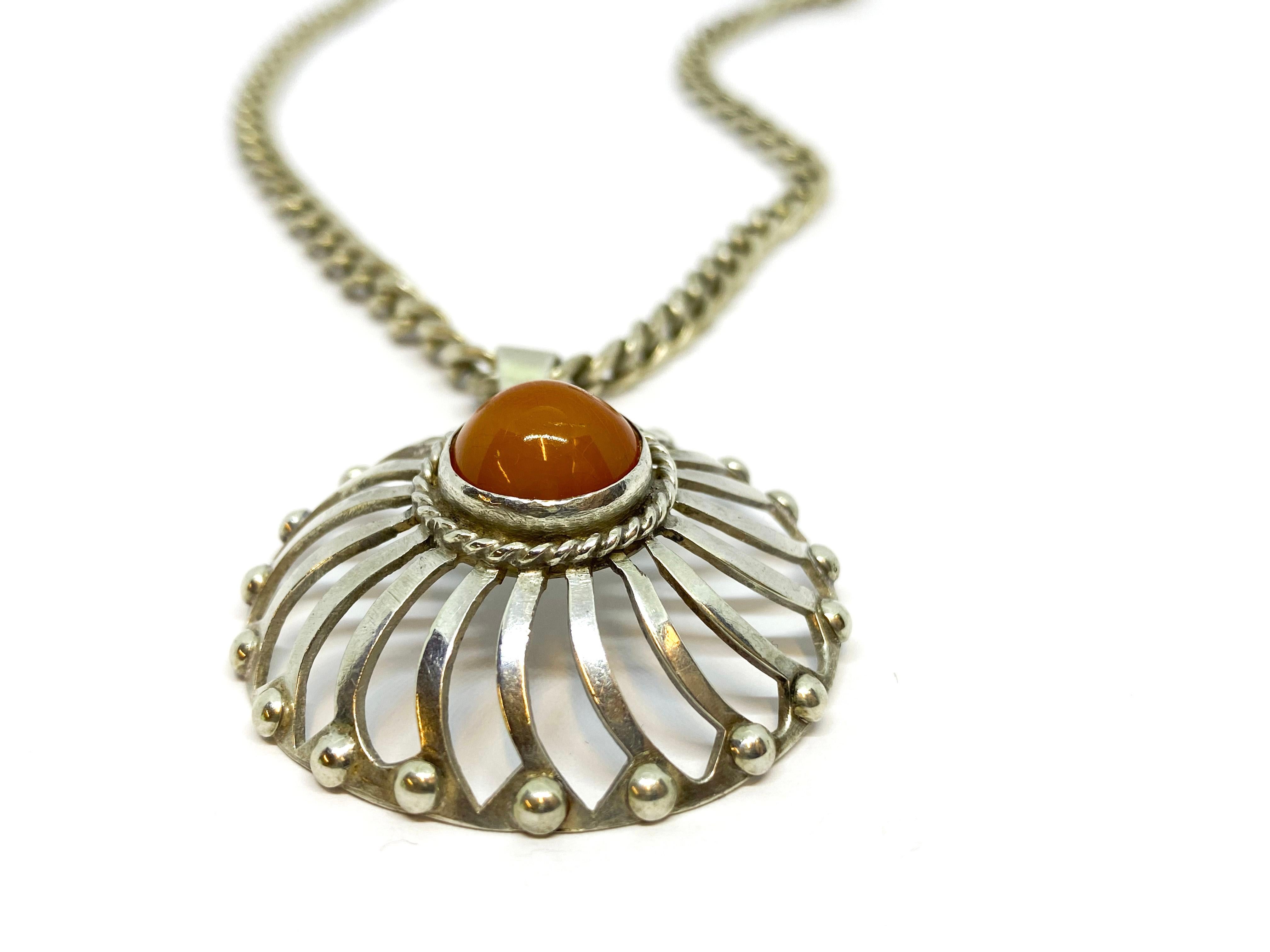 Modern Silver Pendant in Amber Probably the Soviet Union For Sale