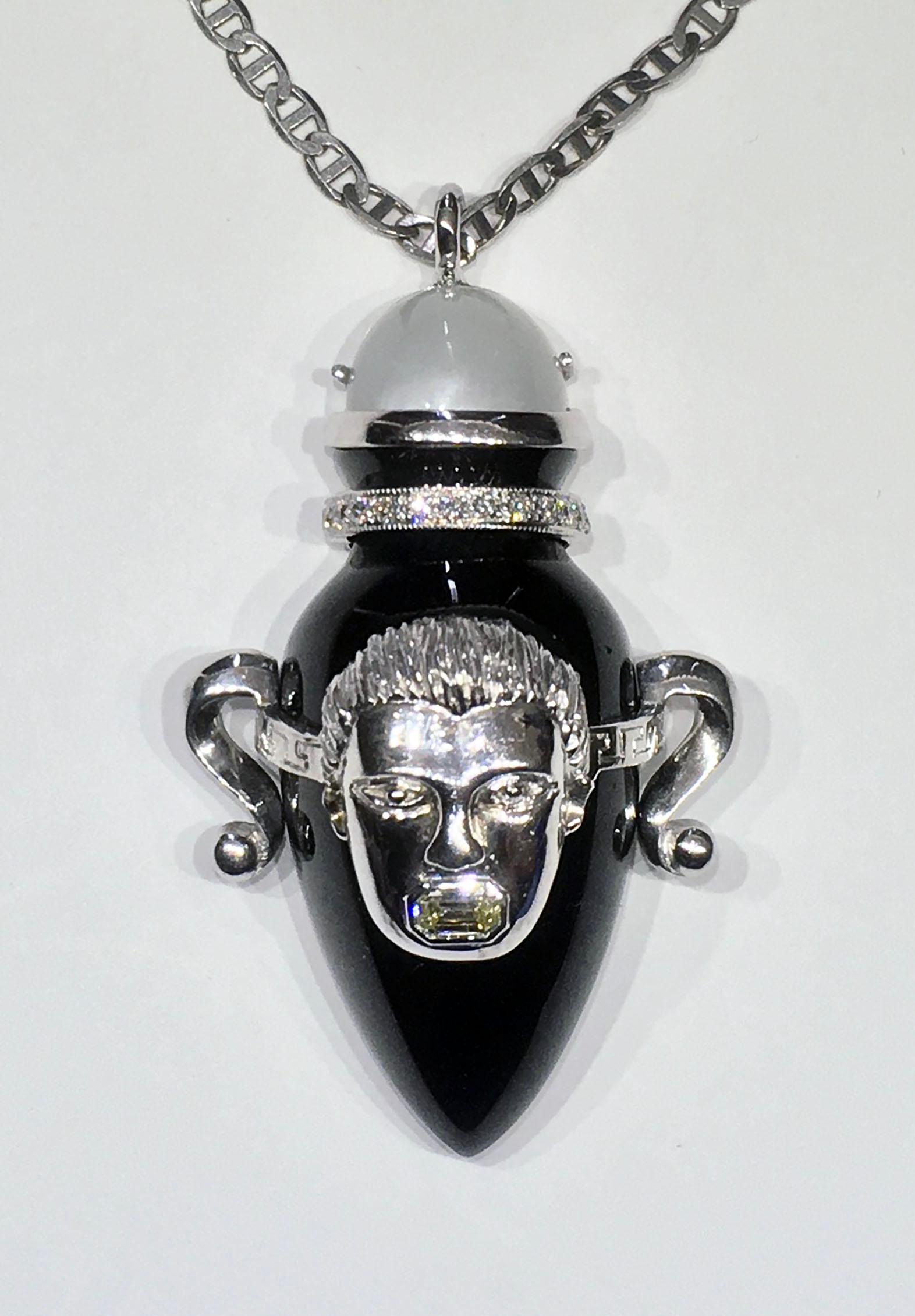 Kary Adam Designed, Silver Greek Amphora Pendant set with Moonstone, Onyx & Diamond, hanging from a 21 Inch 18kt White Gold Chain. This Pendant is Fashioned from a 188 Carat Black Onyx, Capped with a 2.9 Carat Moonstone Cabochon and Accented with
