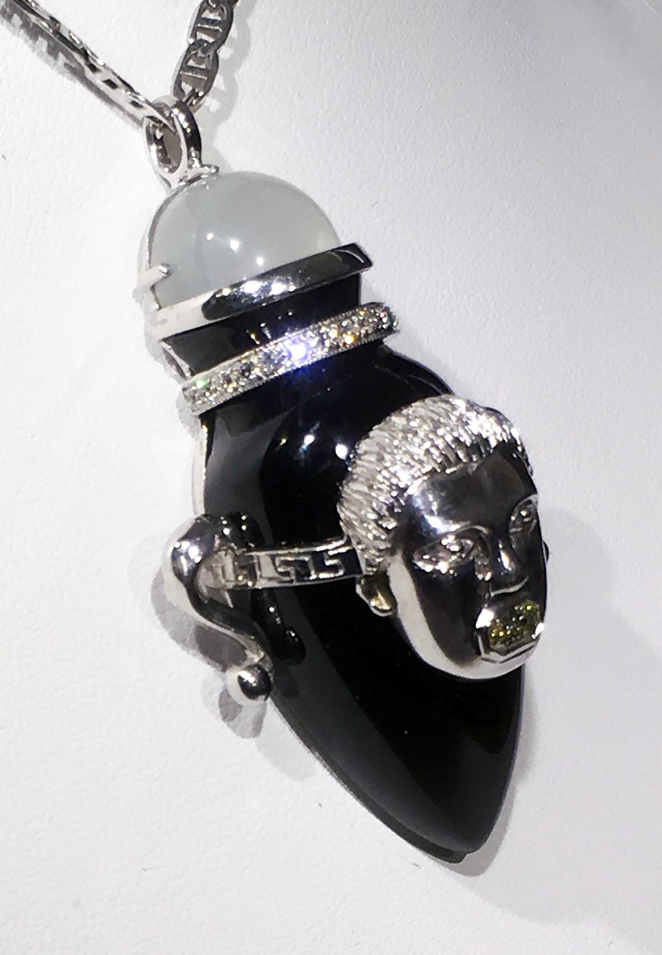 Cabochon A Silver Greek Amphora Pendant set with Moonstone, Onyx & Diamond For Sale