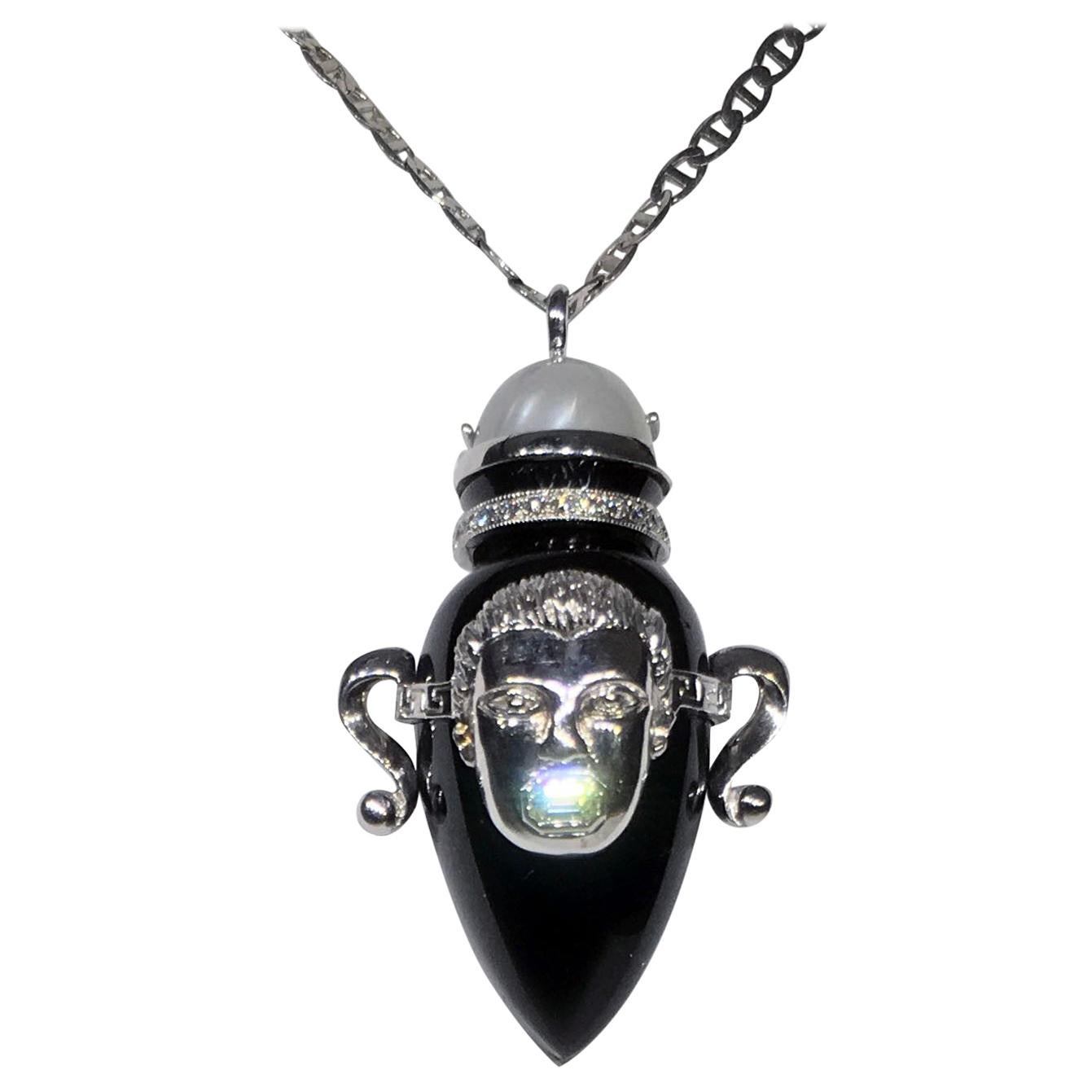 A Silver Greek Amphora Pendant set with Moonstone, Onyx & Diamond