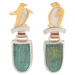 Silver Penguin Drop Earrings with 22 Karat Yellow Gold Detail