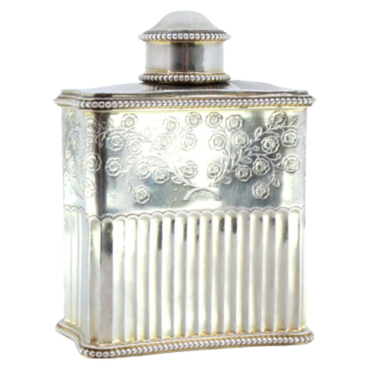 Silver perfume bottle with fluting, pearly friezes and engraved floral motifs
