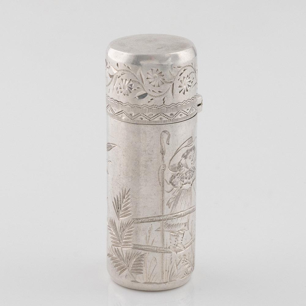 Heading : Sterling silver perfume bottle with chase ddecoration
Date : Hallmarked in XX for Army & Navy Cooperative Society Ltd
Period : Victoria
Origin : London, England
Decoration : Chased design featuring Little Bo-Peep, crook in hand, looking