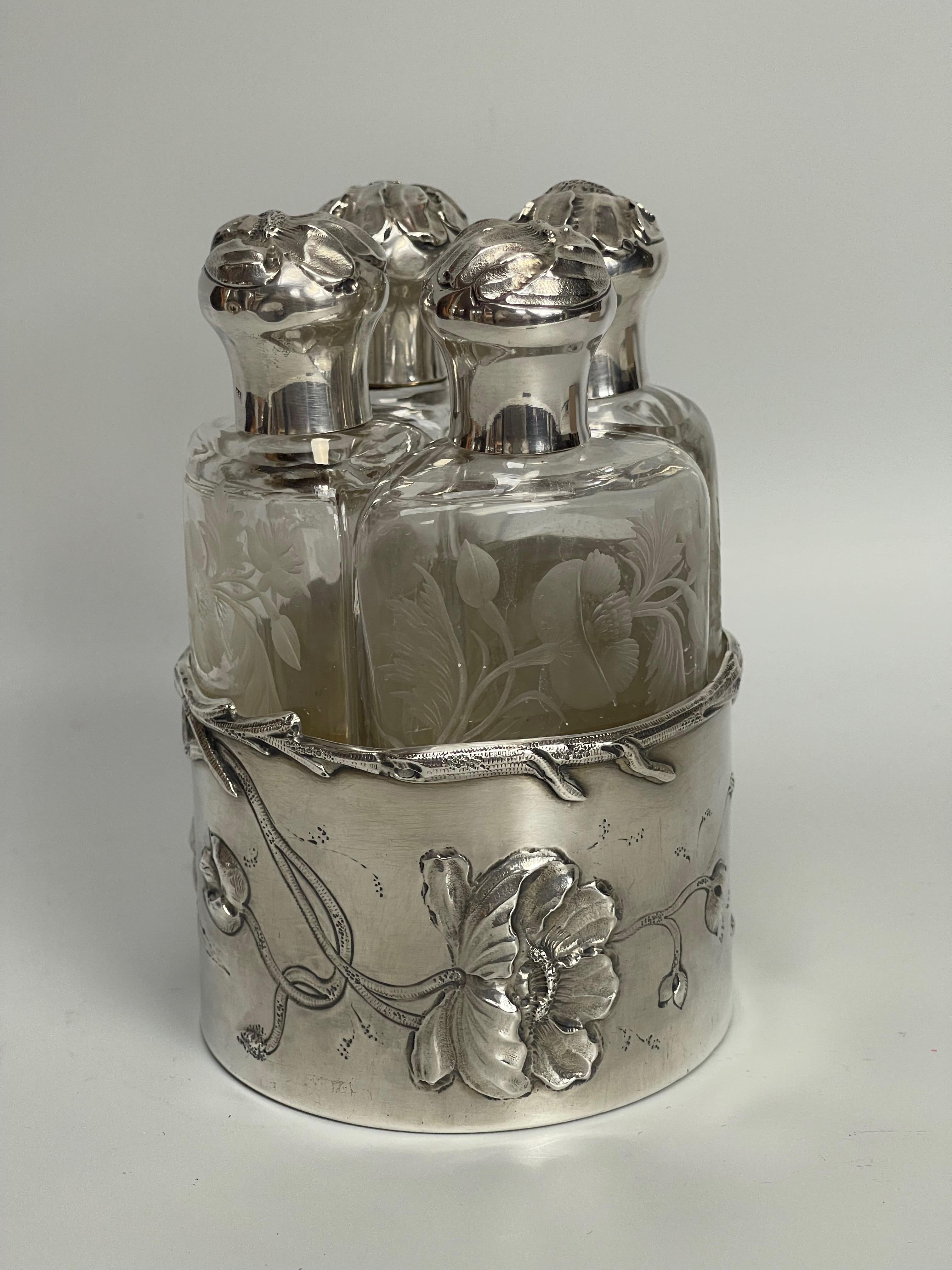 French Silver Perfume Kit 4 Art Nouveau Bottles For Sale
