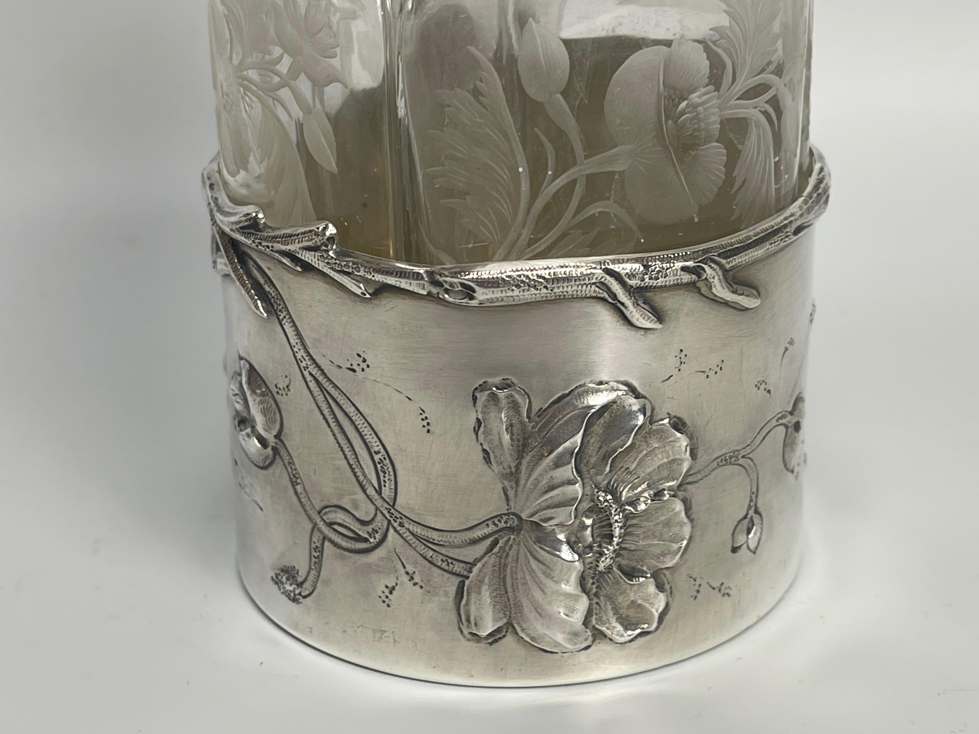 Engraved Silver Perfume Kit 4 Art Nouveau Bottles For Sale