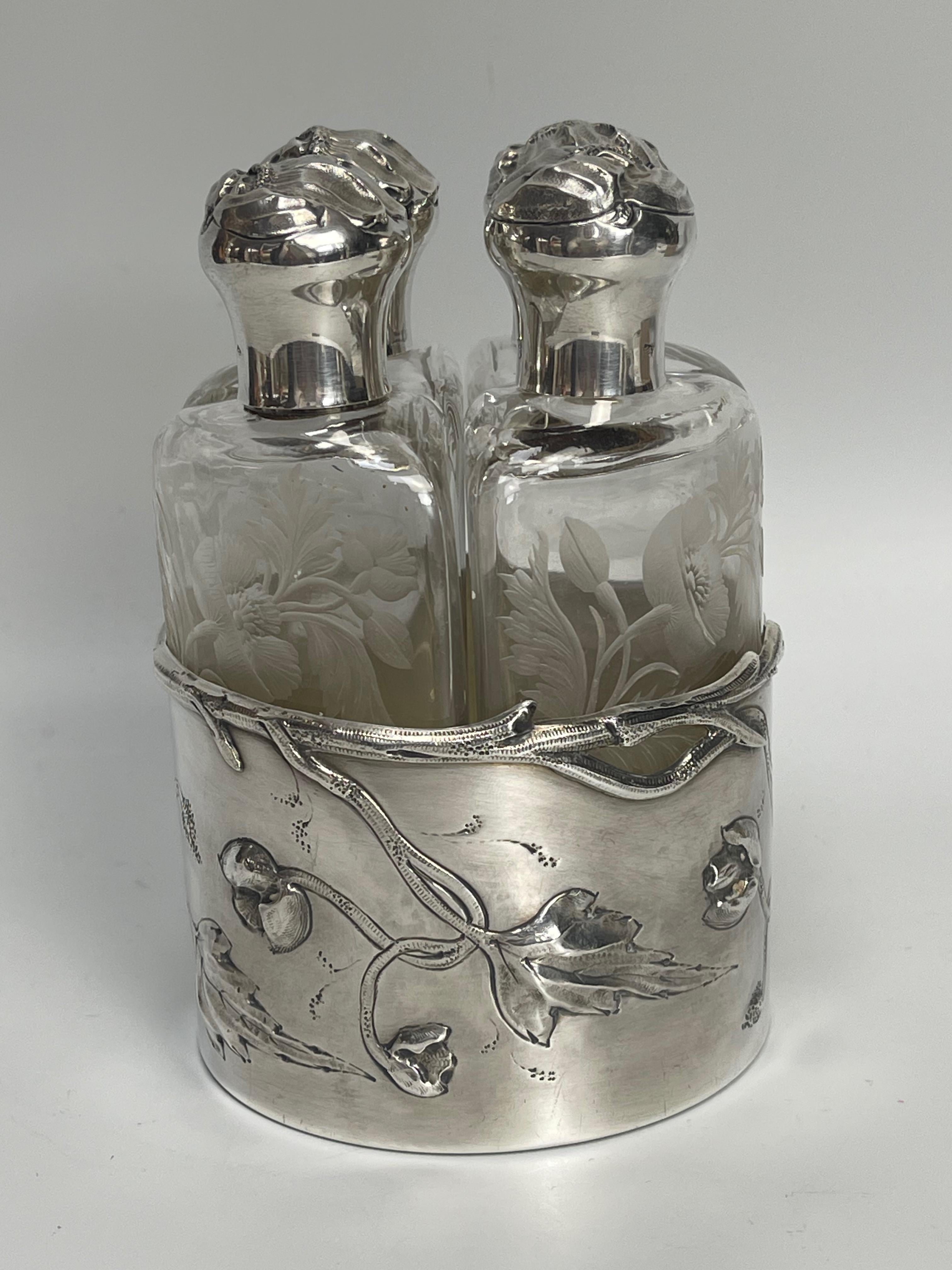 Silver Perfume Kit 4 Art Nouveau Bottles For Sale 1