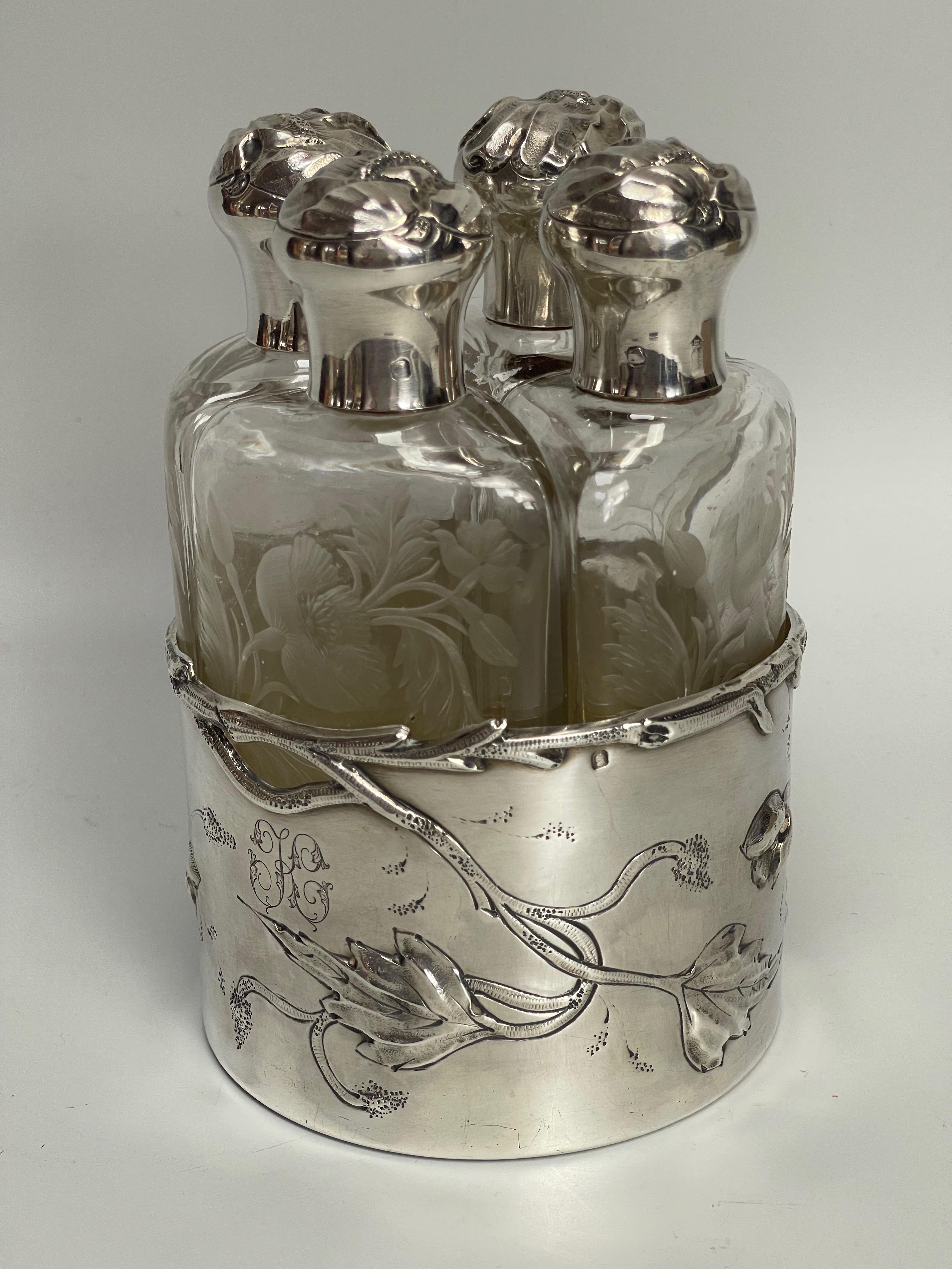 Silver Perfume Kit 4 Art Nouveau Bottles For Sale 2