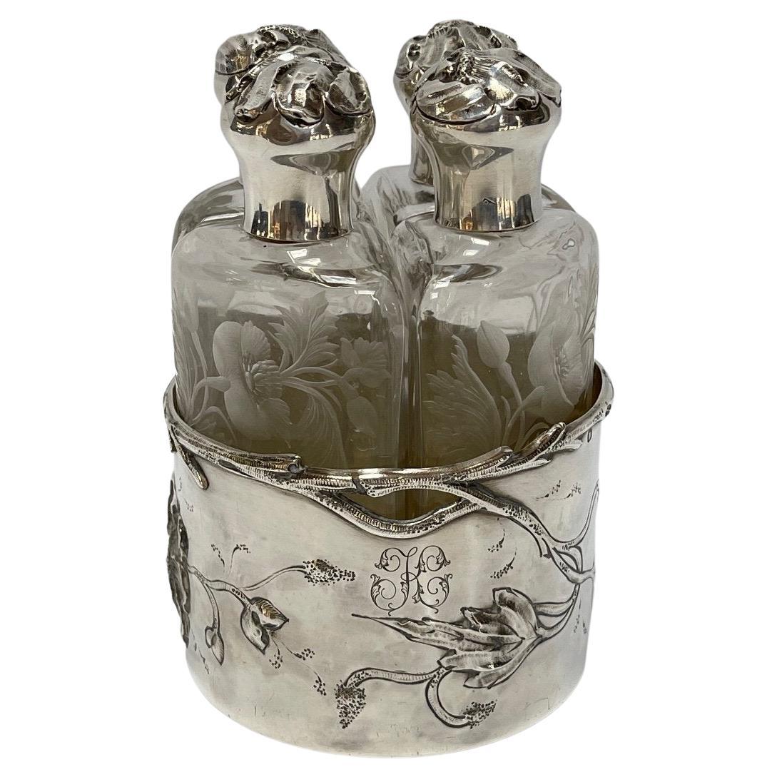 Silver Perfume Kit 4 Art Nouveau Bottles For Sale