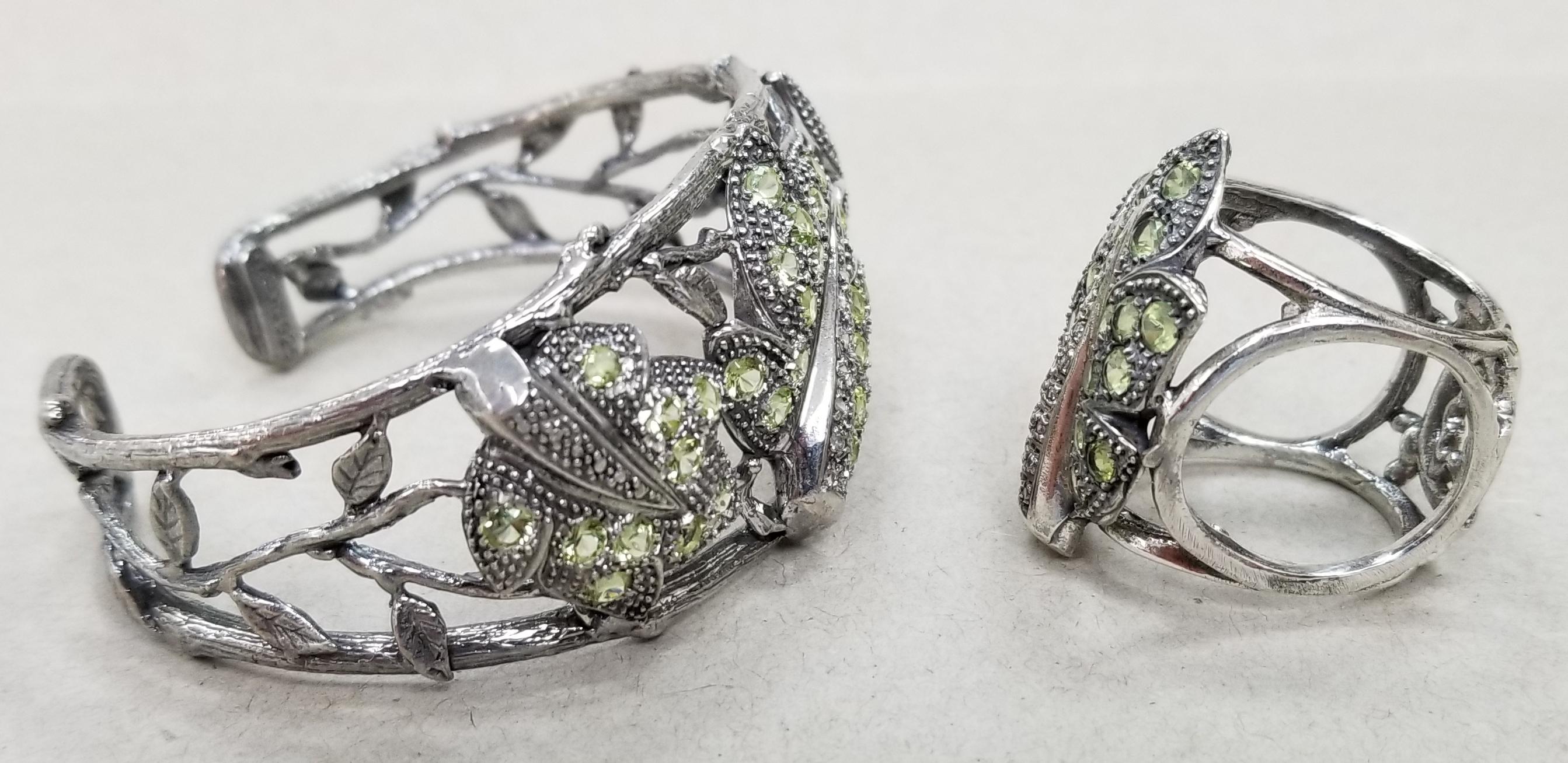 Arts and Crafts Silver Peridot and White Sapphire Leaf Cuff and Ring For Sale
