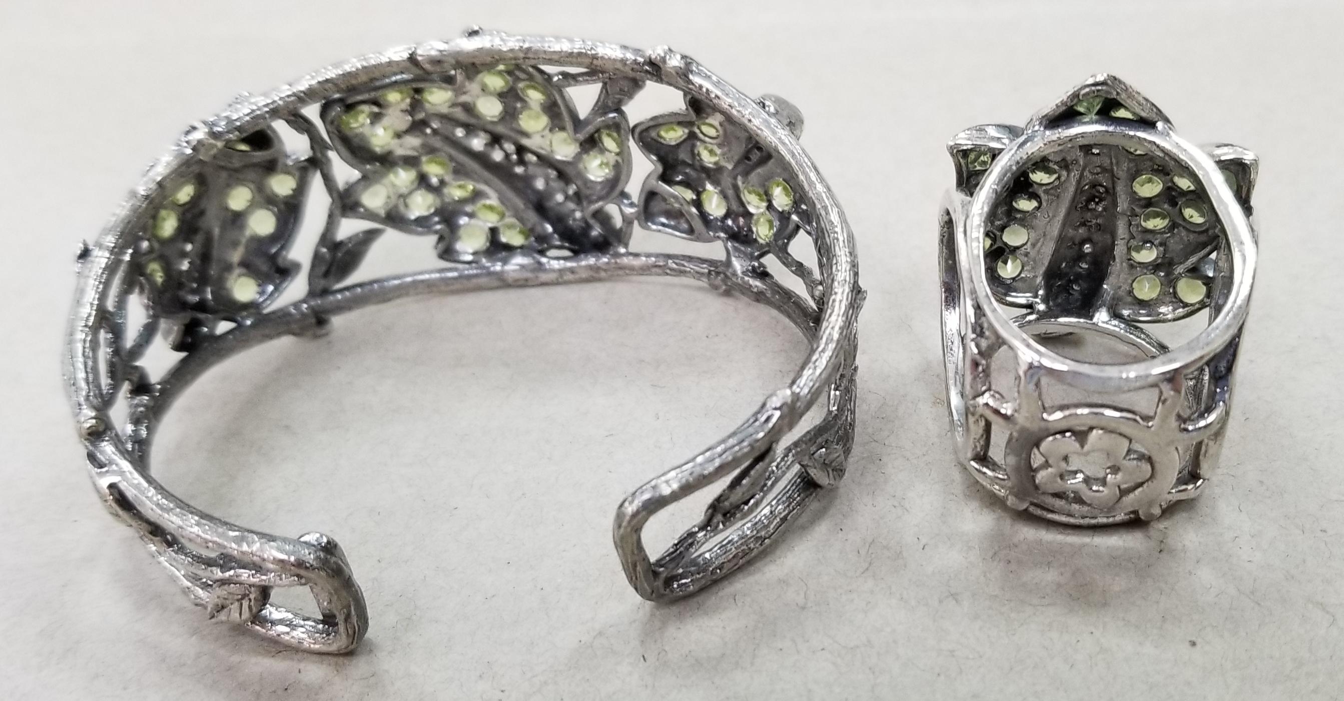 Round Cut Silver Peridot and White Sapphire Leaf Cuff and Ring For Sale