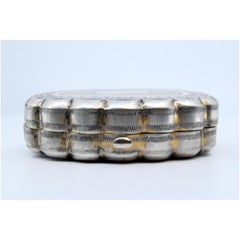 Silver pill box in guilloche shell shape with monogrammed blister and hinged lid