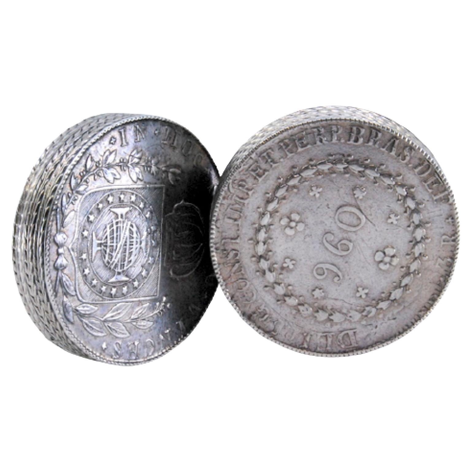 Silver pill box with coin appliqués on both sides and removable lid