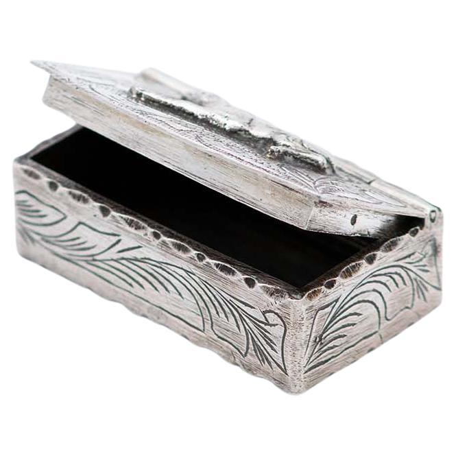 Silver pill box with embossed gazelle figure For Sale