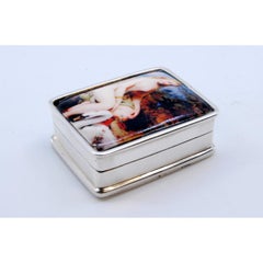 Silver pill box with enamel and antique lady on the hinged lid