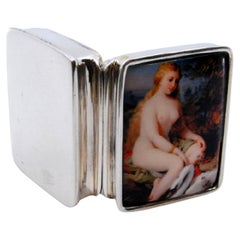 Silver pill box with enamel and antique lady on the hinged lid