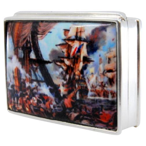 Silver pill box with enamel lid depicting Battle of Trafalgar For Sale