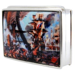 Silver pill box with enamel lid depicting Battle of Trafalgar