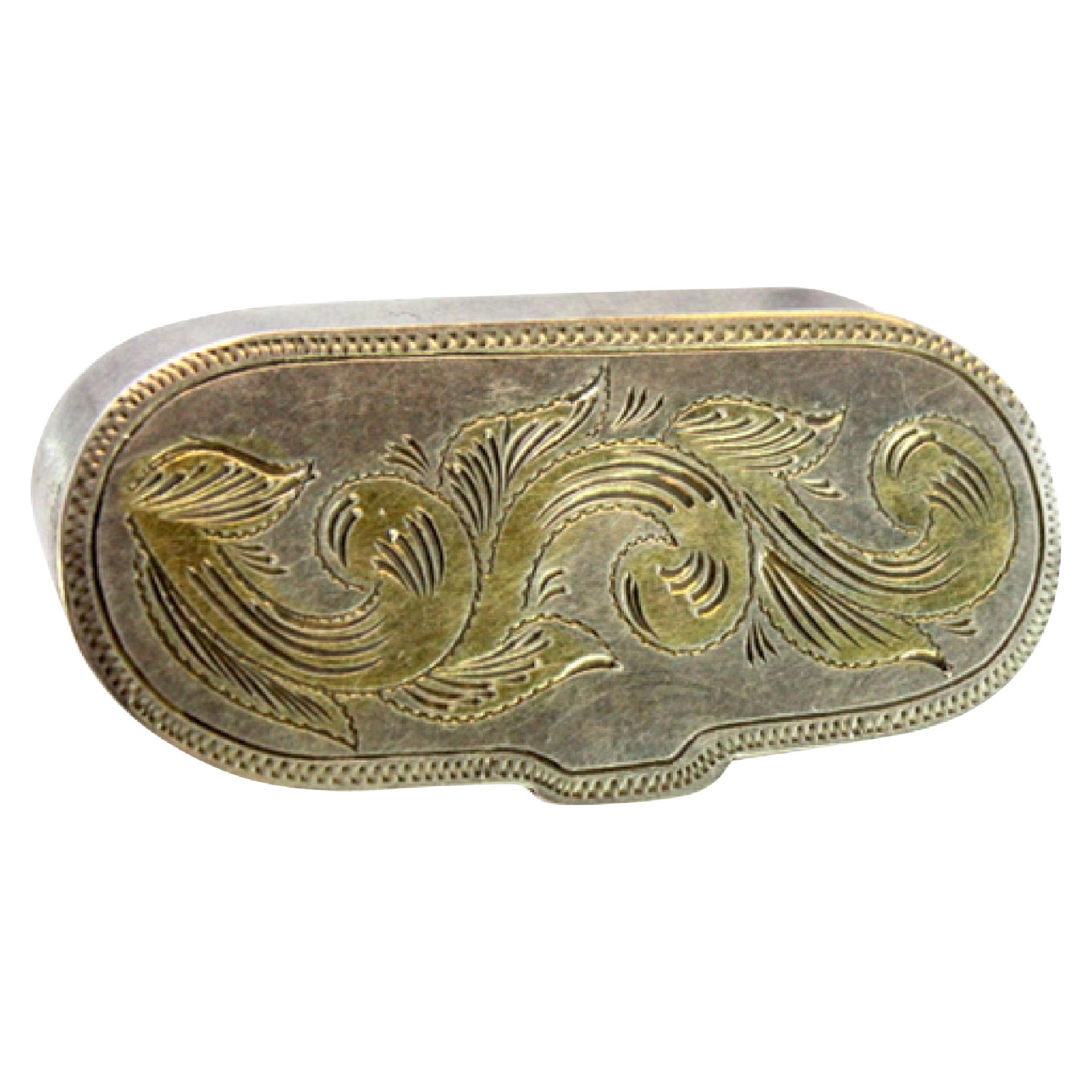 Silver pill box with floral motifs engraved on the hinged lid