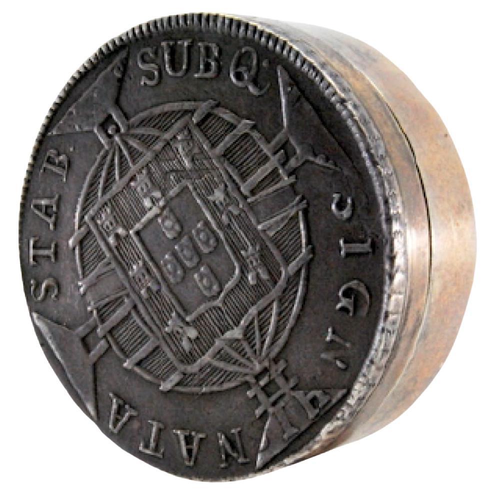 Silver pill box with Portuguese coin on the removable lid
