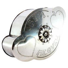 Silver pin box with flower and heart reliefs, “WANT ME BEM”
