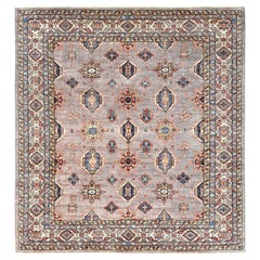 Silver Pink Afghan Super Kazak Organic Wool Hand Knotted Square Rug 9'5" x 9'9"