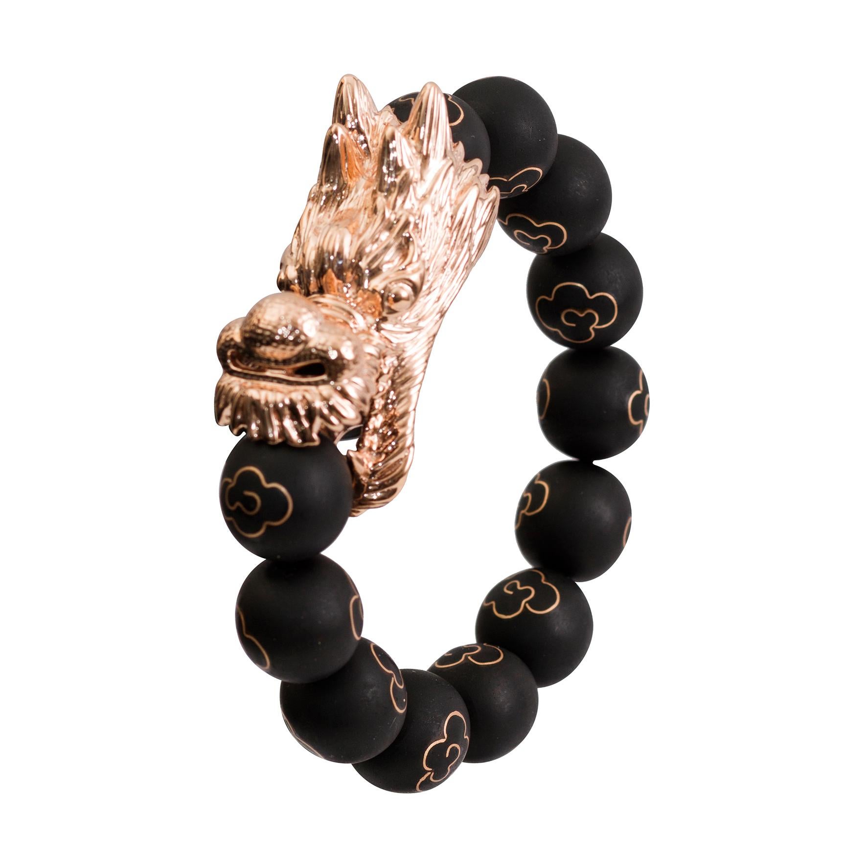 9K gold Inlaid Ebony balls bracelet with 9K gold plated silver dragon head. 
wt.63.37g.
It took approximately 8-10 weeks labors to create this piece. 


