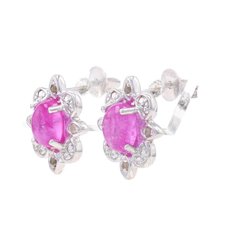 Oval Cut Silver Pink Tourmaline & White Topaz Large Stud Earrings 925 Oval 2.23ctw Flower For Sale
