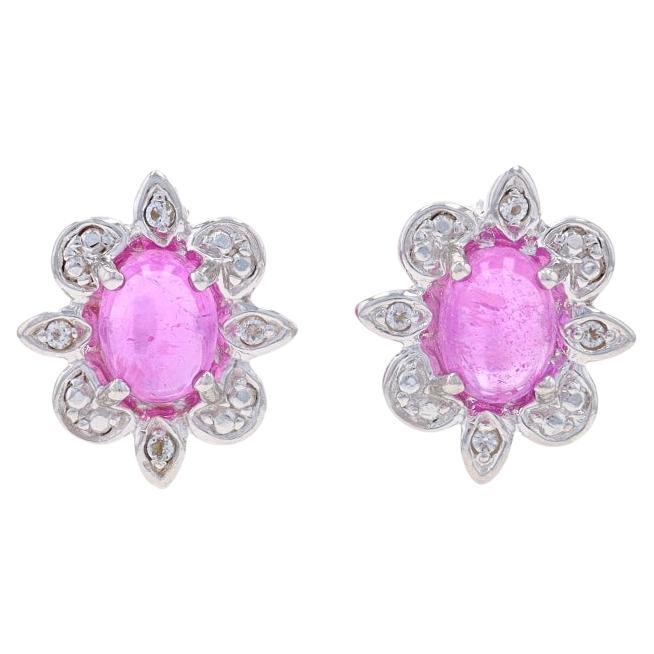 Silver Pink Tourmaline & White Topaz Large Stud Earrings 925 Oval 2.23ctw Flower For Sale