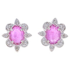 Silver Pink Tourmaline & White Topaz Large Stud Earrings 925 Oval 2.23ctw Flower