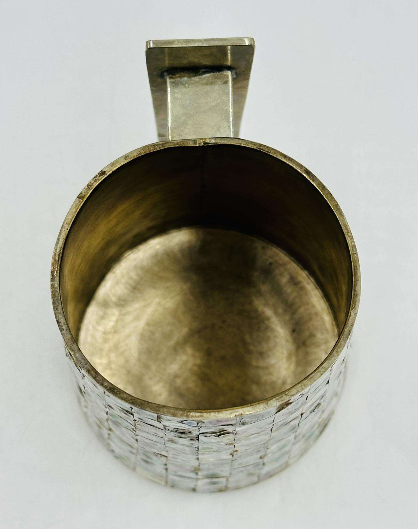 Silver Pitcher with Abalone Shell Inlay, Mid 20th Century, Mexico, Signed LHG For Sale 3