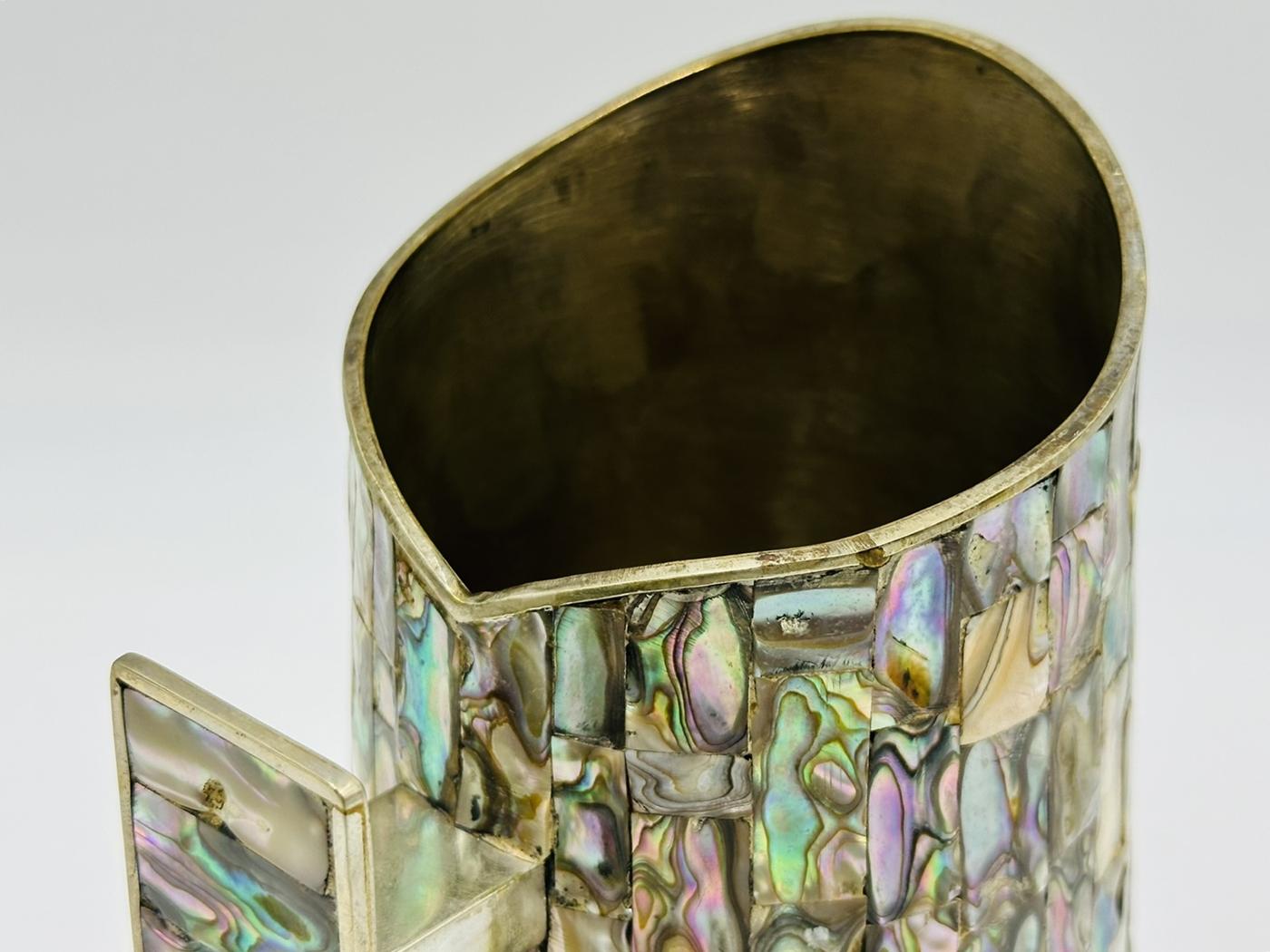 Silver Pitcher with Abalone Shell Inlay, Mid 20th Century, Mexico, Signed LHG For Sale 7