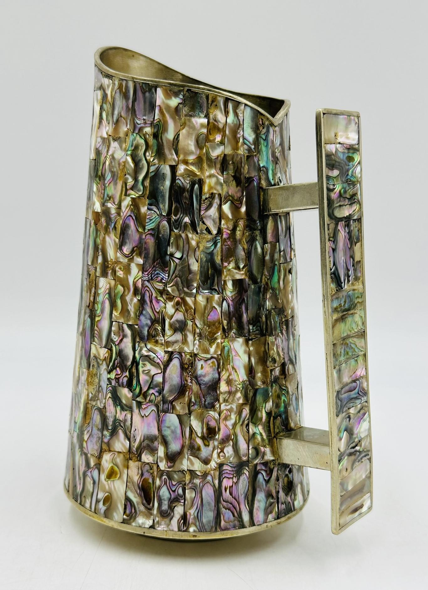 Mid-Century Modern Silver Pitcher with Abalone Shell Inlay, Mid 20th Century, Mexico, Signed LHG For Sale