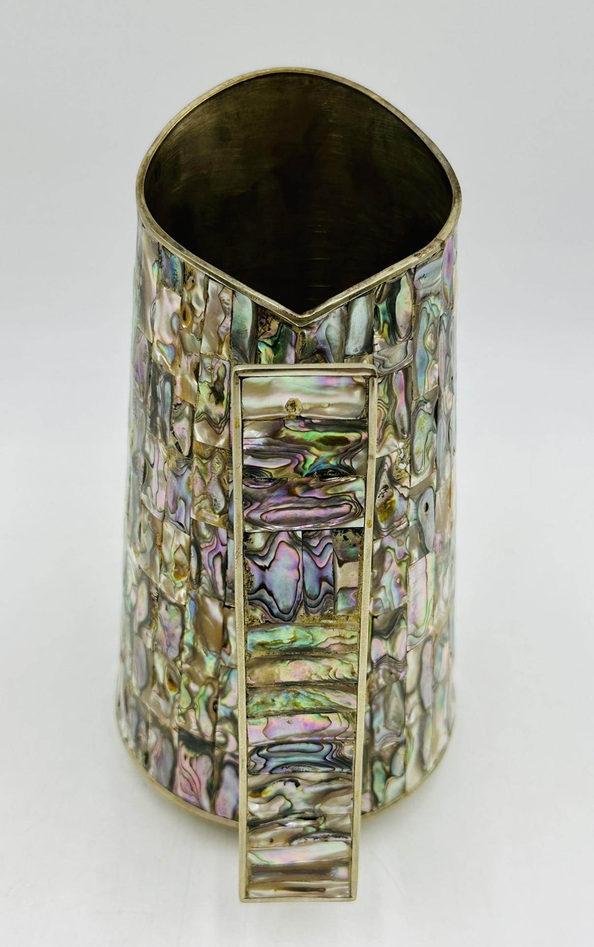 Mexican Silver Pitcher with Abalone Shell Inlay, Mid 20th Century, Mexico, Signed LHG For Sale
