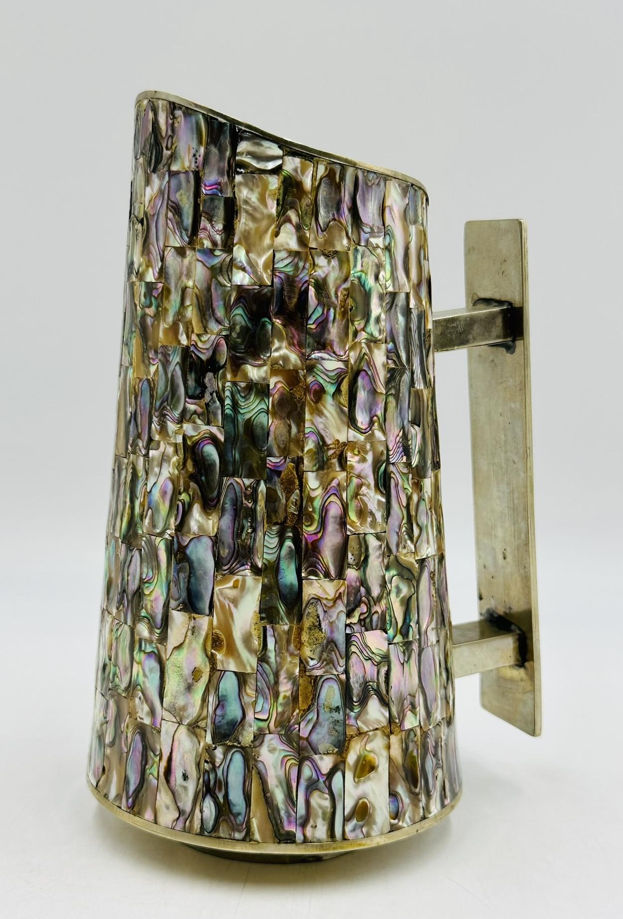 Mid-20th Century Silver Pitcher with Abalone Shell Inlay, Mid 20th Century, Mexico, Signed LHG For Sale