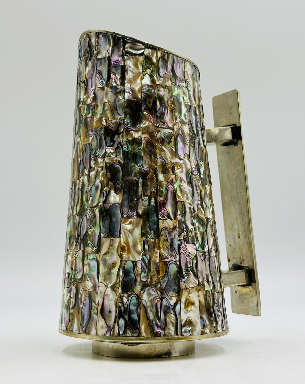 Silver Pitcher with Abalone Shell Inlay, Mid 20th Century, Mexico, Signed LHG For Sale 1