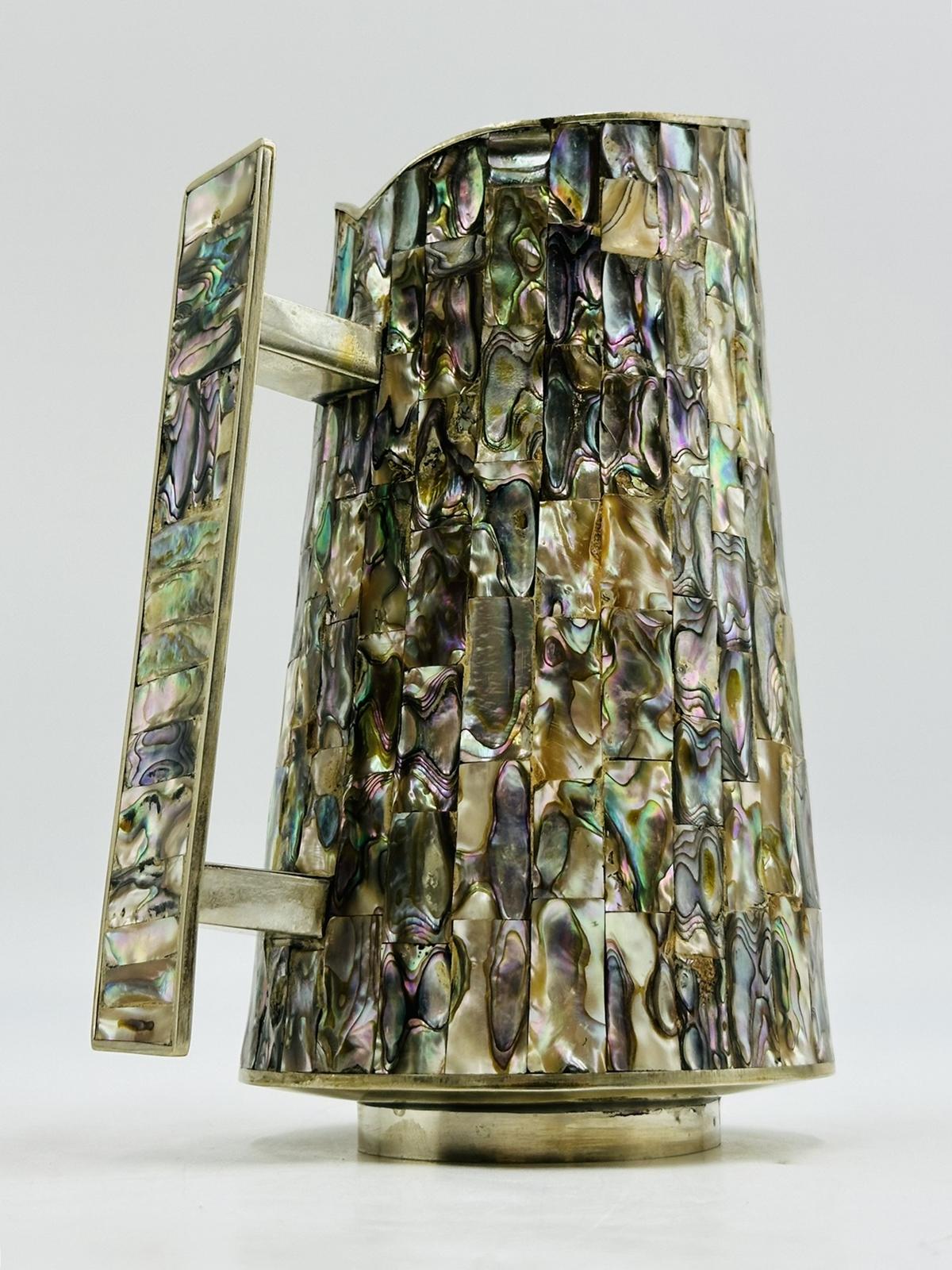 Silver Pitcher with Abalone Shell Inlay, Mid 20th Century, Mexico, Signed LHG For Sale 2